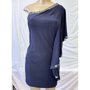 Betsy & Adam One Shoulder Sequin Navy Dress Size 4 Prom Party Elegant Body Con